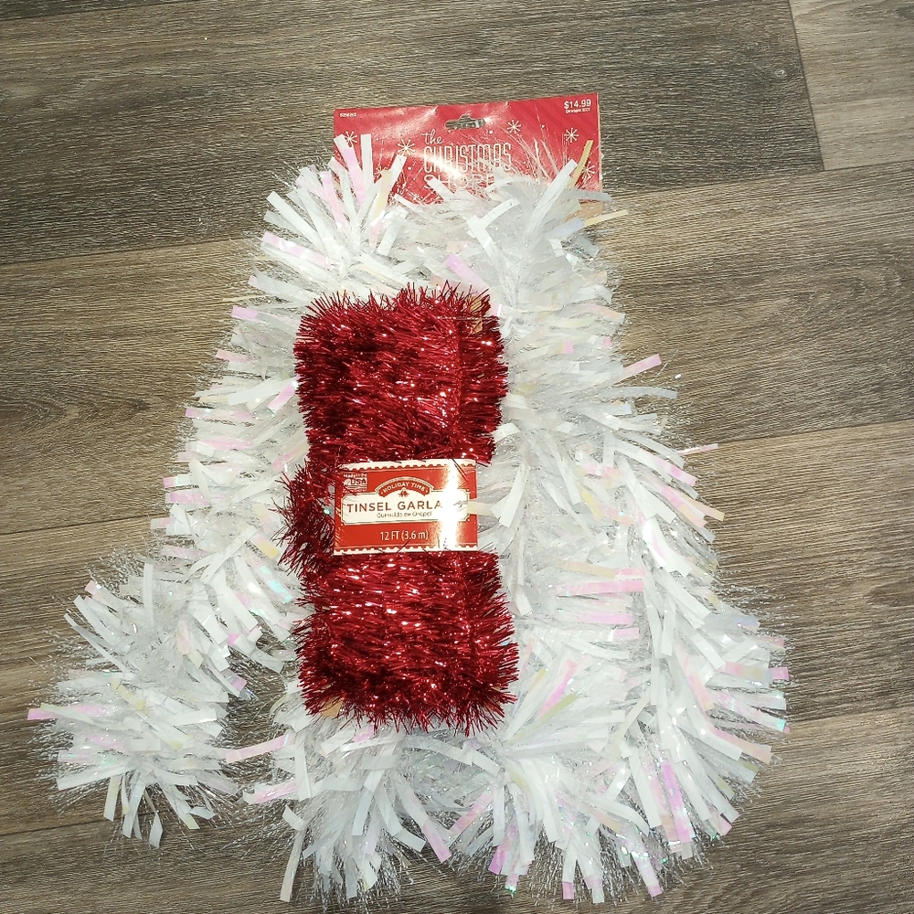 Christmas Shoppe Garland 9 Ft Shiny White Glittery Red Tinsel 12 Foot Brand New